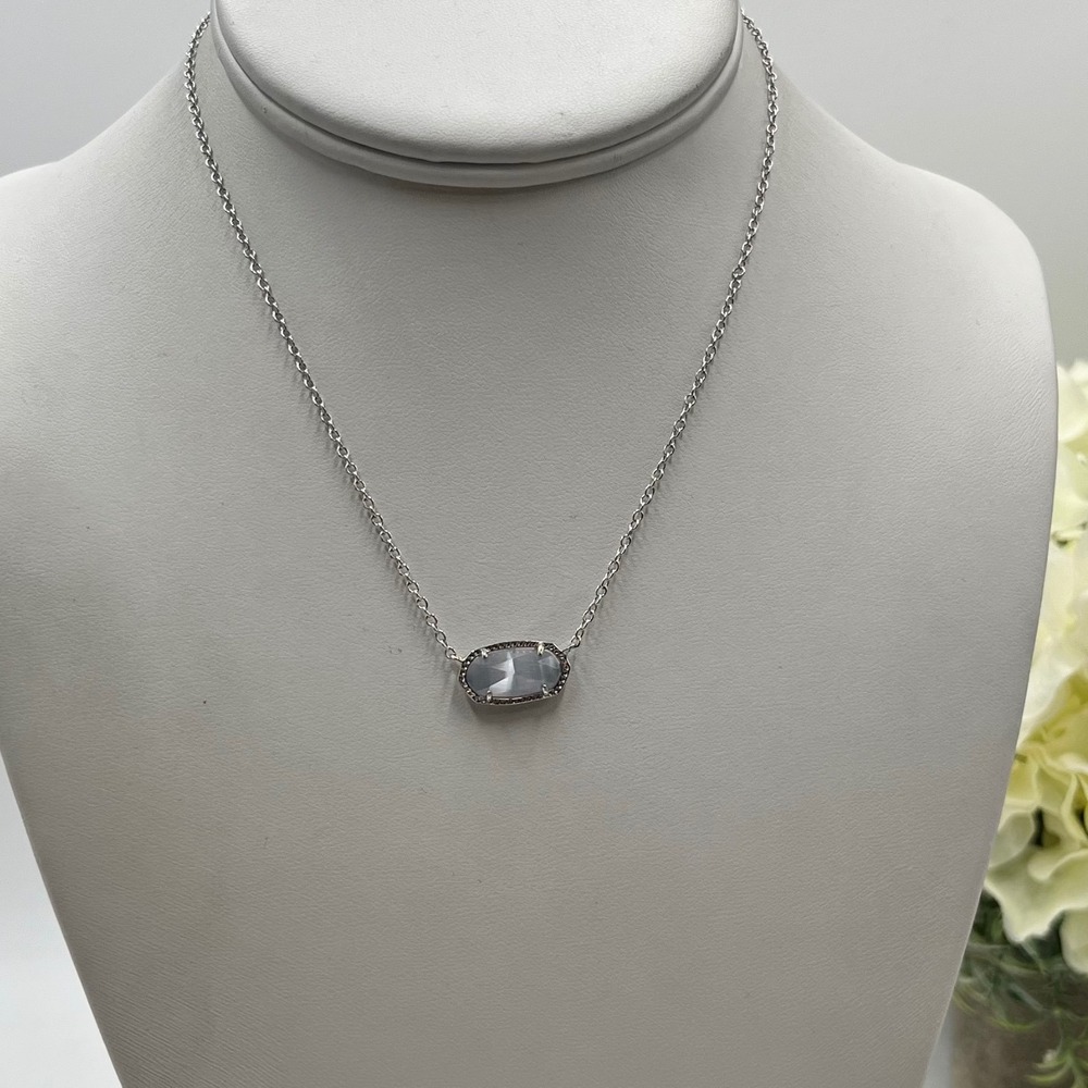 Kendra Scott Elisa Slate Cat's Eye glass Pendant Rhodium Plated Necklace